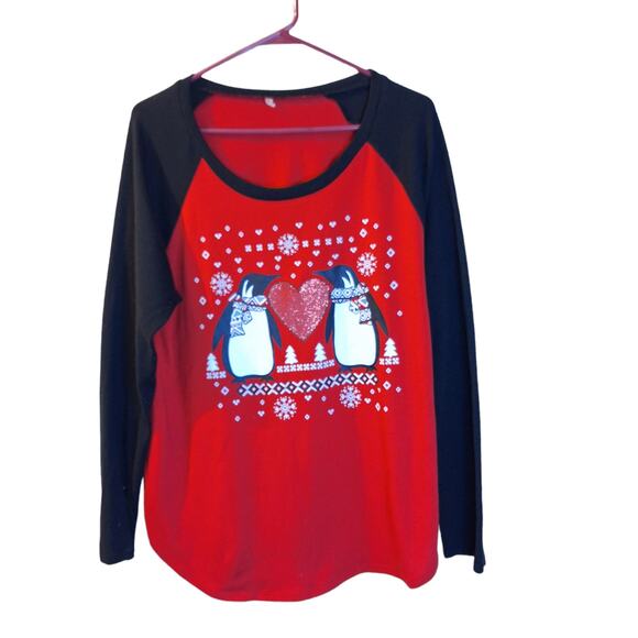 Ugly Christmas Sweater Penguins Long Sleeve Lightweight Sz XL Red Black - Picture 1 of 5